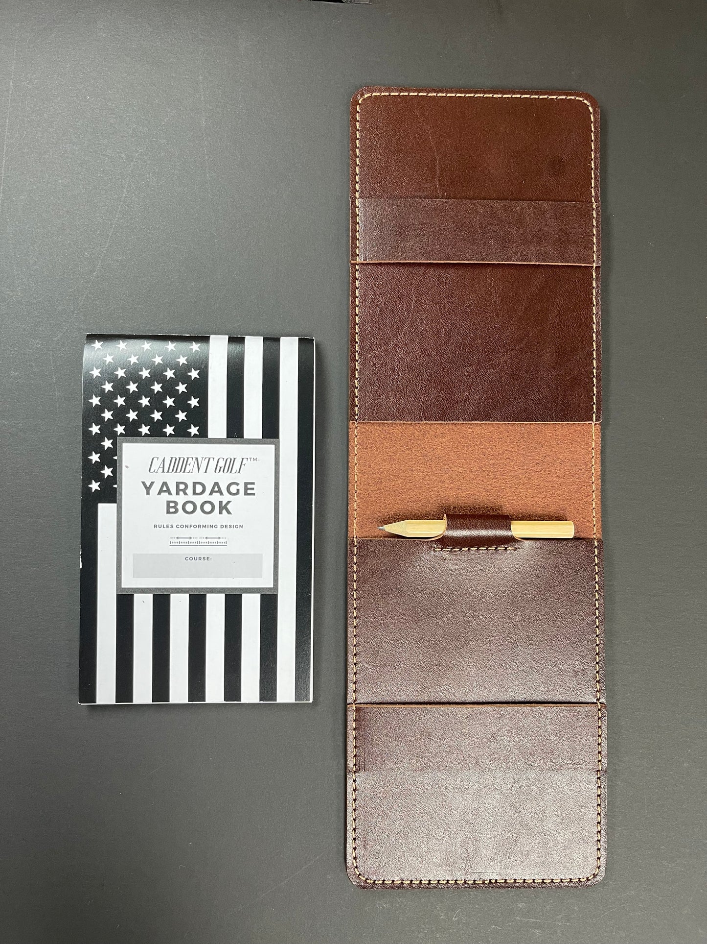 Leather Golf Yardage Book Cover With Built In Pencil Holder.  Personalization Available.