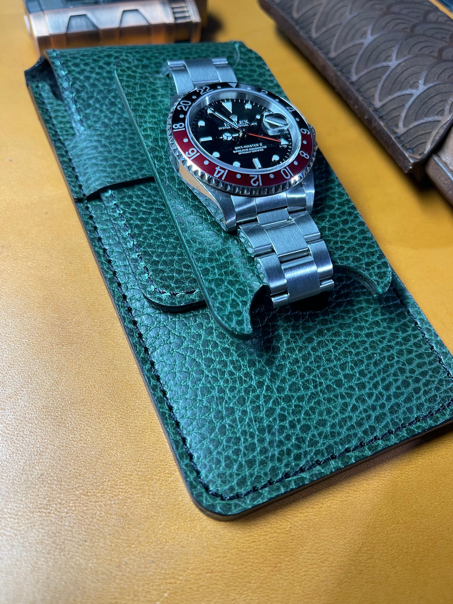 Handmade Low Profile Green Dollaro Leather Watch Pouch