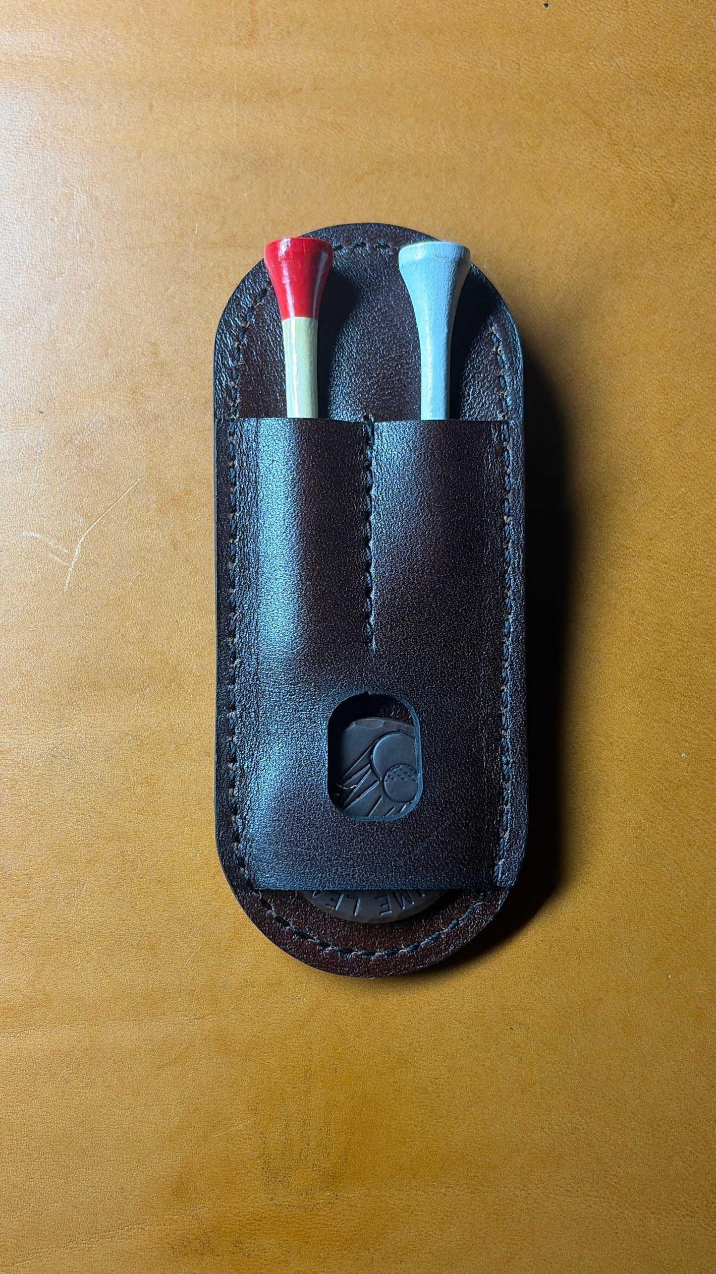 Handmade Leather Golf Pocket Caddy: Tomo Golf Ninja Divot Tool Holder with built in Tee and Ball Marker Holder.
