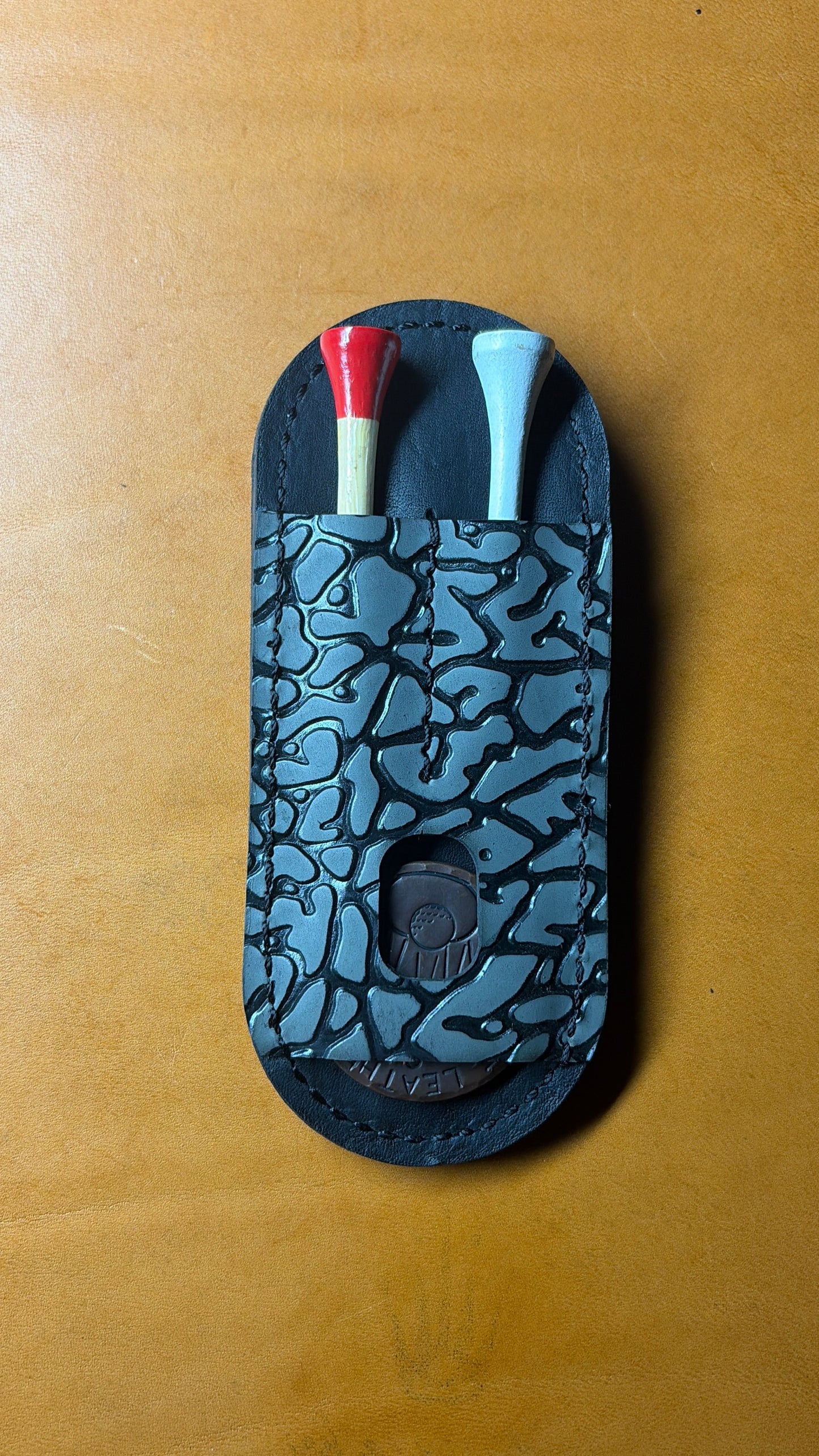 Handmade Leather Golf Pocket Caddy: Tomo Golf Ninja Divot Tool Holder with built in Tee and Ball Marker Holder.