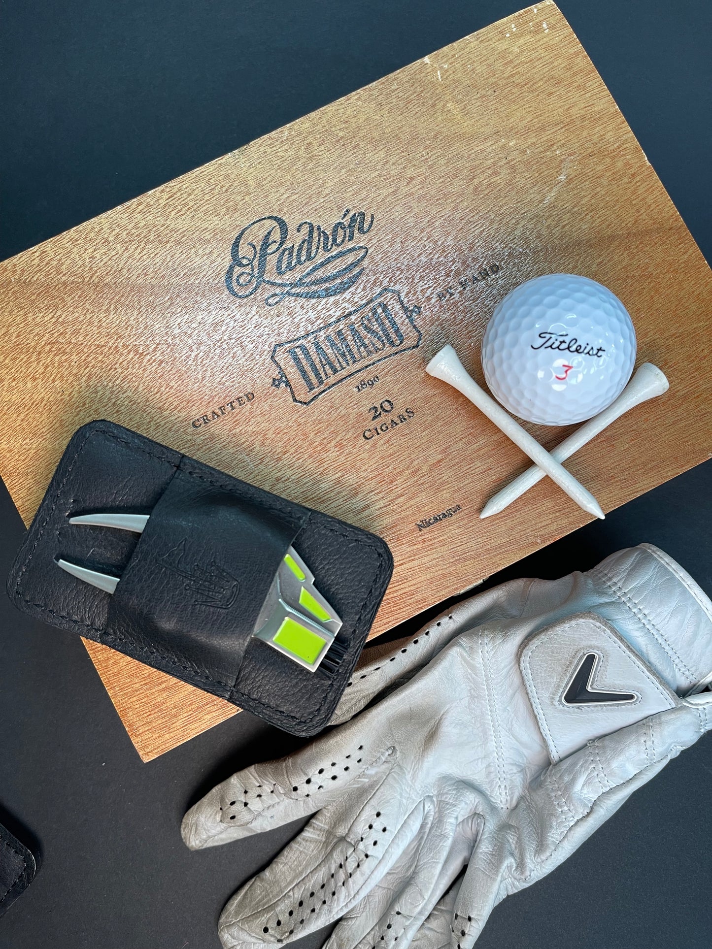 Black Leather Golf Pocket Organizer. Divot Tool and Golf Tee Holder
