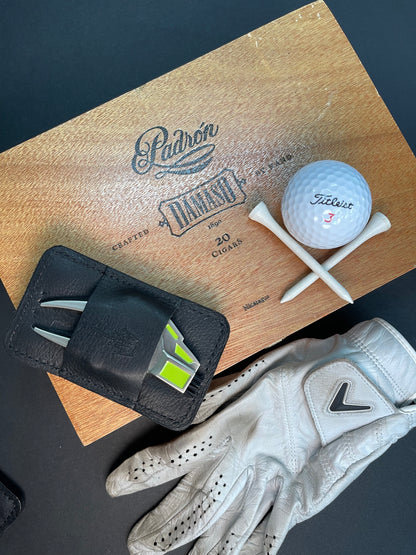 Black Leather Golf Pocket Organizer. Divot Tool and Golf Tee Holder