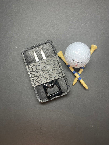 Golf Pocket Organizer. Divot Tool and Golf Tee Holder. Black with Elephant Print Accent