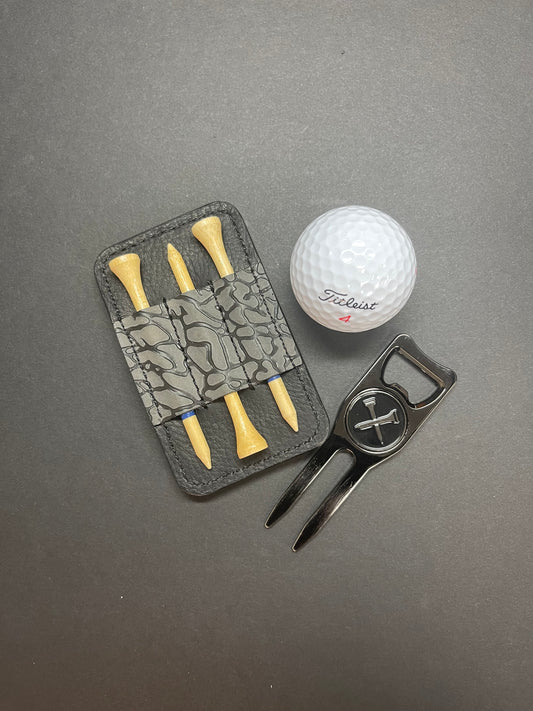 Golf Pocket Organizer. Divot Tool and Golf Tee Holder. Black with Elephant Print Accent
