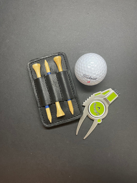 Black Leather Golf Pocket Organizer. Divot Tool and Golf Tee Holder