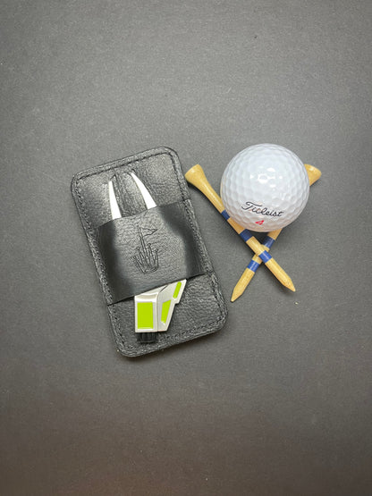 Black Leather Golf Pocket Organizer. Divot Tool and Golf Tee Holder