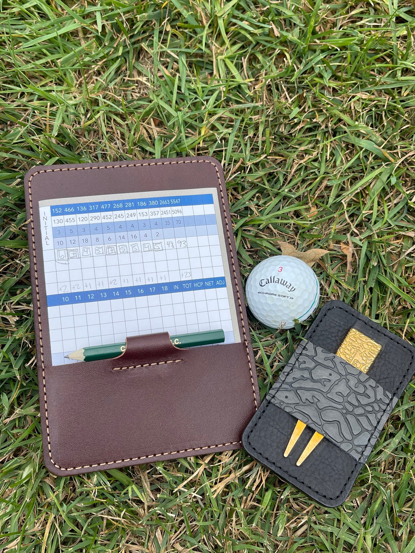 Golf Score Card Holder With Built In Pencil Holder. Burgundy Latigo Leather. Personalization Available.