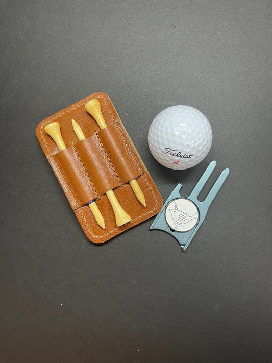 Pocket Golf Organizer. Brown Leather. Divot Tool and Golf Tee Holder