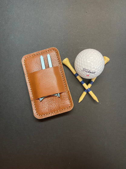 Pocket Golf Organizer. Brown Leather. Divot Tool and Golf Tee Holder