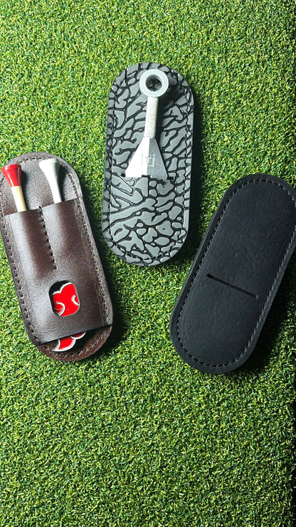 Handmade Leather Golf Pocket Caddy: Tomo Golf Ninja Divot Tool Holder with built in Tee and Ball Marker Holder.