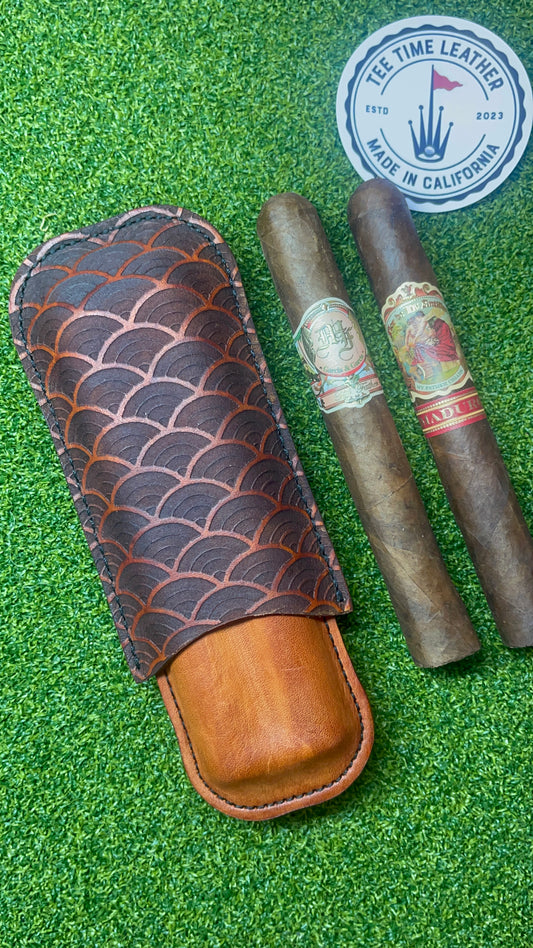 Handmade Leather Cigar Case – Japanese Seigaiha Wave Pattern | Fits 2 Cigars