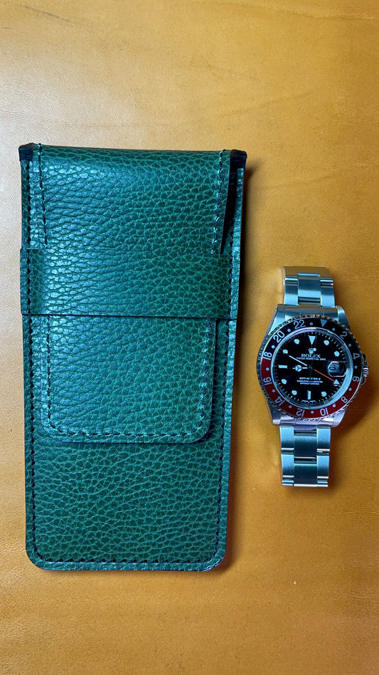 Handmade Low Profile Green Dollaro Leather Watch Pouch