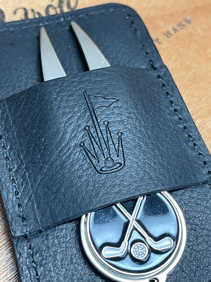 Black Leather Golf Pocket Organizer. Divot Tool and Golf Tee Holder
