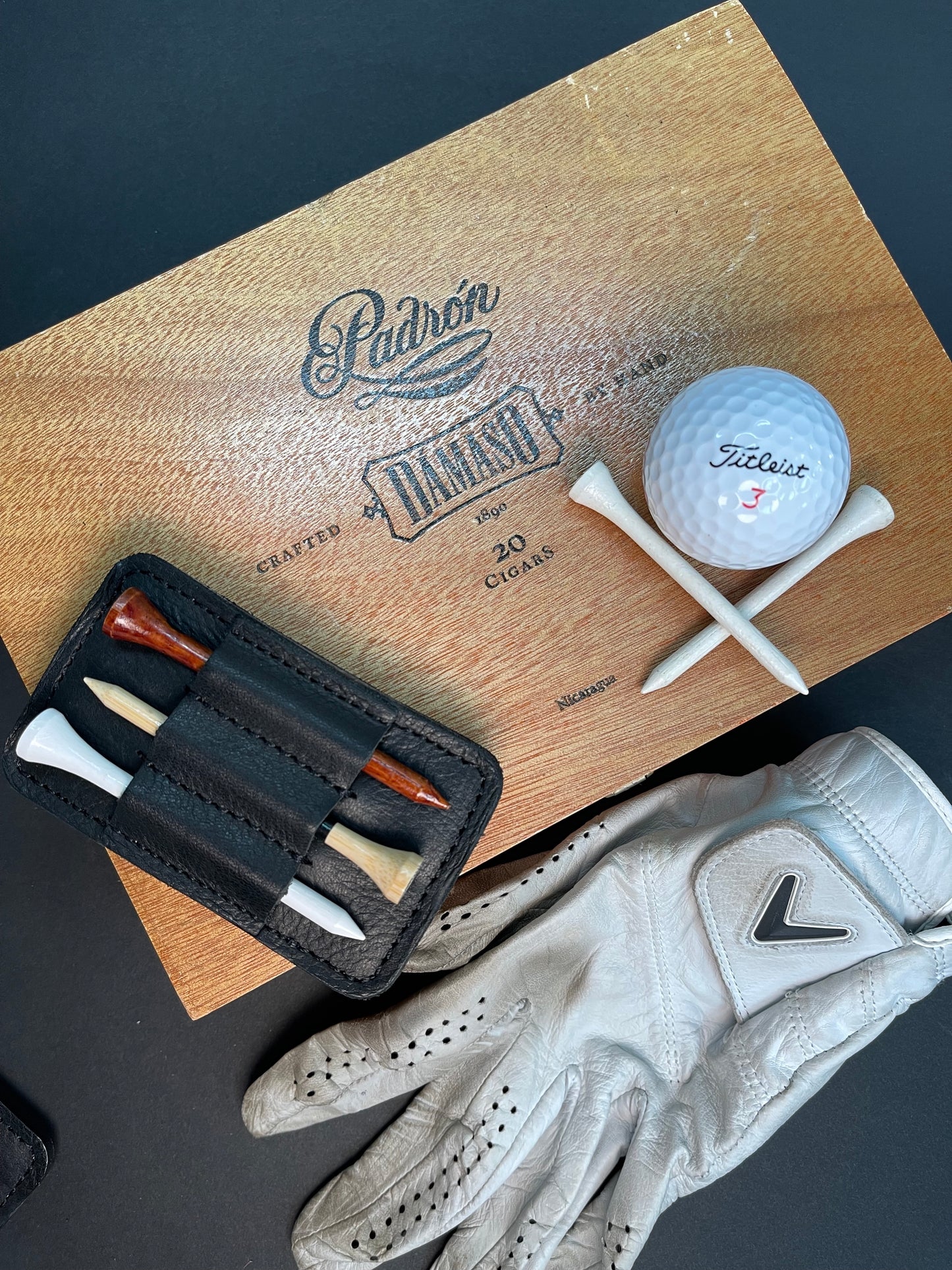 Black Leather Golf Pocket Organizer. Divot Tool and Golf Tee Holder